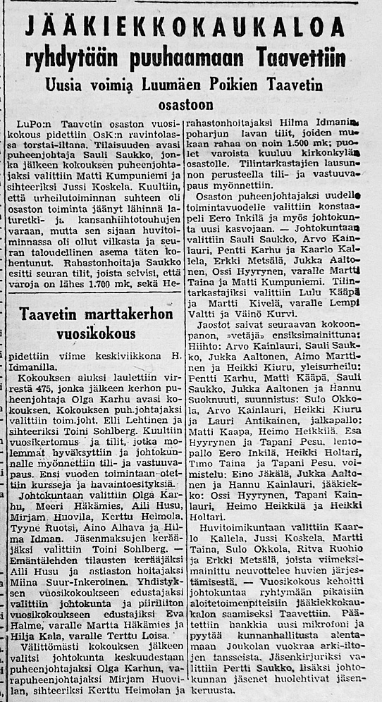 LuPon Taavetin osaston vuoskokous. LL No 2 1965. Jääkiekkojaoston jäsenet tuolloin olivat Ossi Hyyrynen, Tapani Kainlauri, Heimo Heikkilä ja Heikki Holtari.